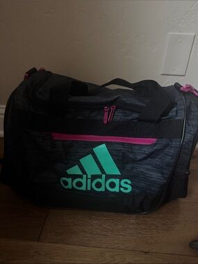 adidas Black Duffel Bag with Teal Logo and Pink Zippers